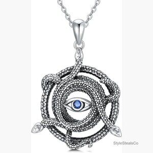 925 Sterling Silver Snake Pendant Necklace with Evil Eye Gothic Jewelry